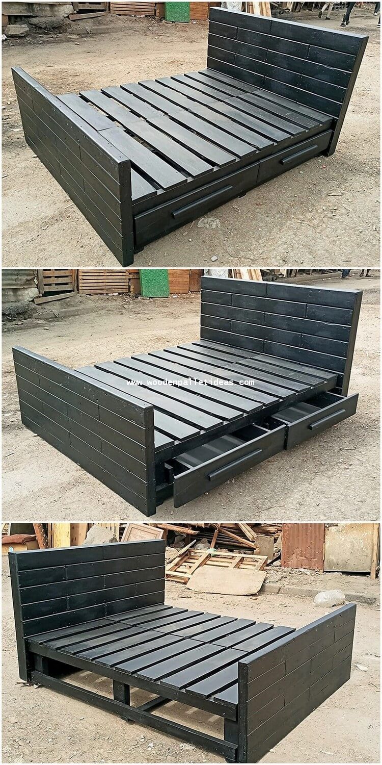 lit en bois de palette avec tiroirs